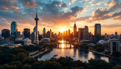 Obraz premium City Skyline View at Sunset with River Reflection and Tower