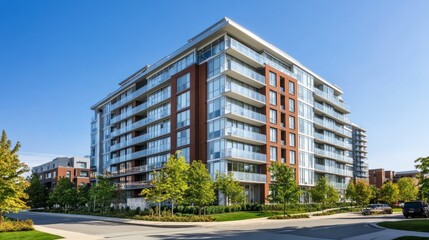 Fototapeta premium Upscale urban apartment building with reflective glass balconies and clean lines under clear sky conditions.