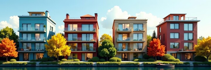 Fototapeta premium Four different building types surrounded by vibrant trees in a harmonious cityscape, sustainability, structure