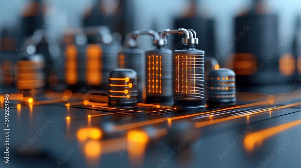 Poster a close up view of a complex futuristic looking electronic circuit board with various glowing compon