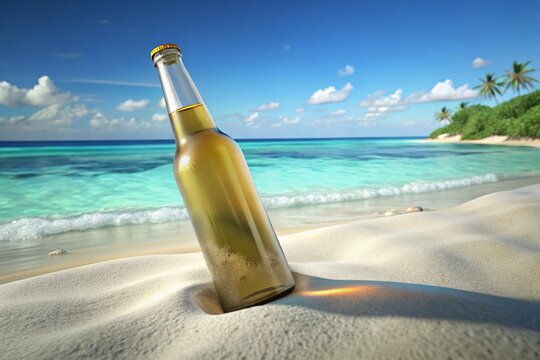 Tropical beach vacation message in a glass bottle with champagne under the summer sun by the sea