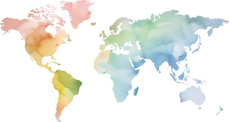 Obraz premium Colorful watercolor world map on transparent background.