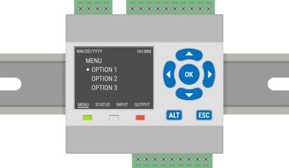 Programmable logic controller mounted on a steel DIN rail. Flat style vector illustration of a PLC controller on a transparent background © Dow