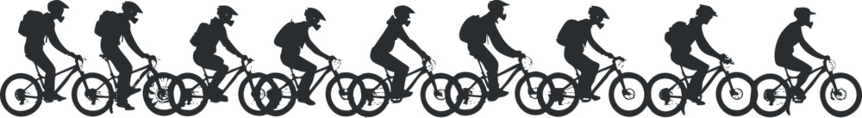 Obraz premium Silhouette of a cyclist in motion, repeated across a white background, illustrating active lifestyle.