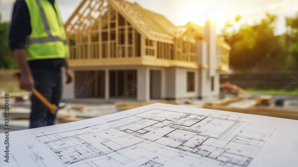 Poster blueprints and construction site with house frame in progress