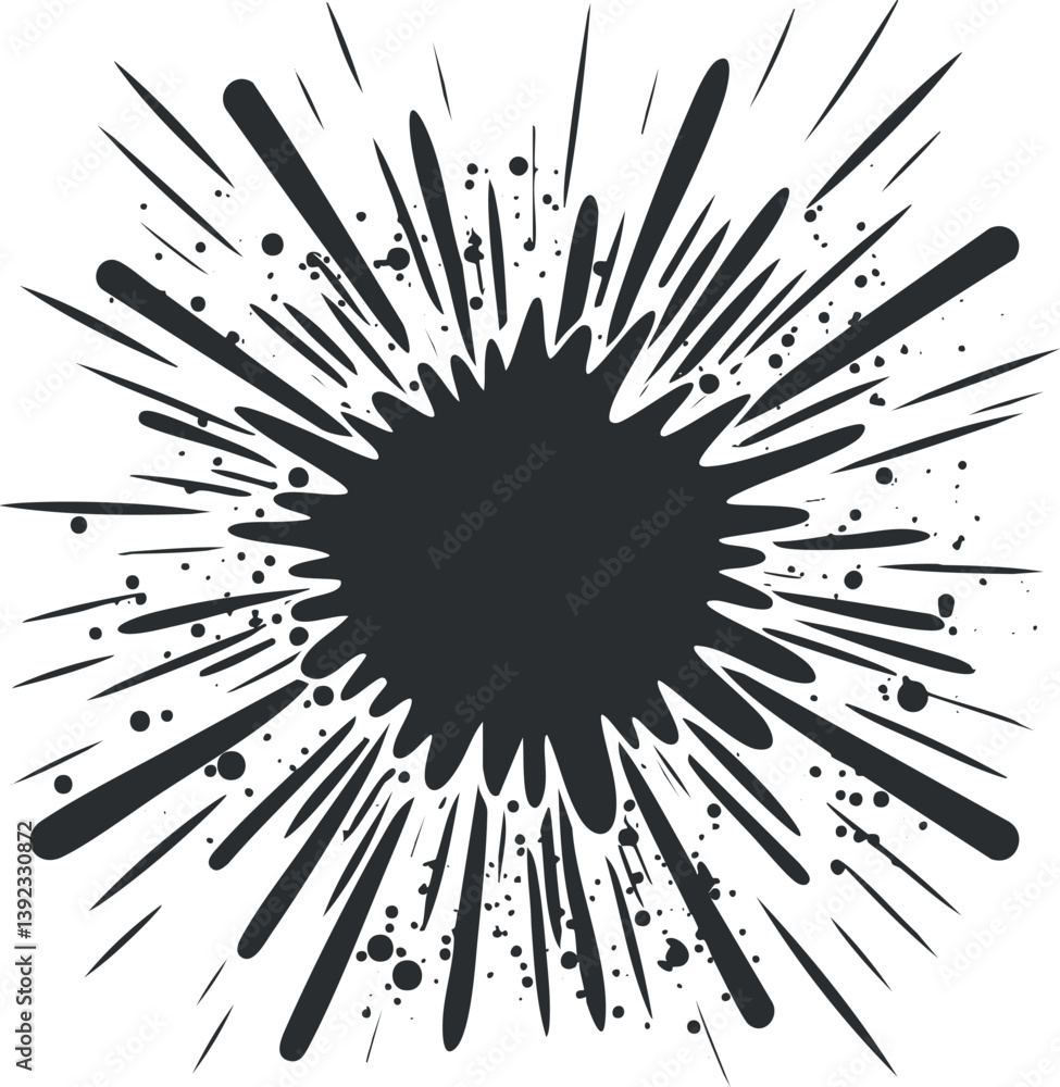 Aufkleber black and white abstract explosion burst graphic with dynamic splatter and radial lines.