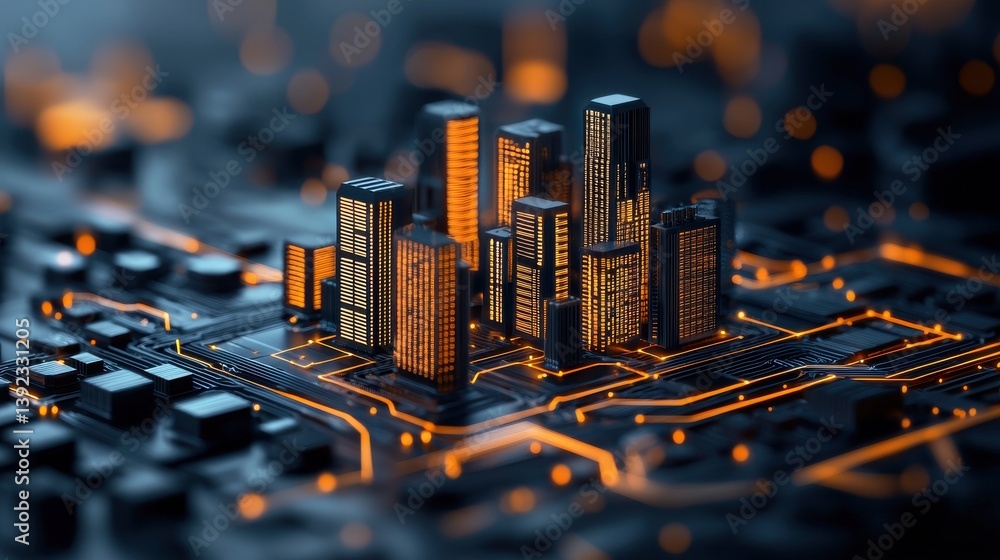 Poster a futuristic digital cityscape featuring towering skyscrapers with glowing circuit like patterns con