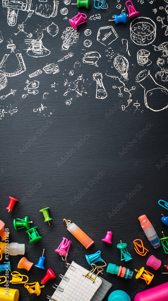 Poster dark textured background with colorful pushpins, binder clips, small notepad, surrounded by science-