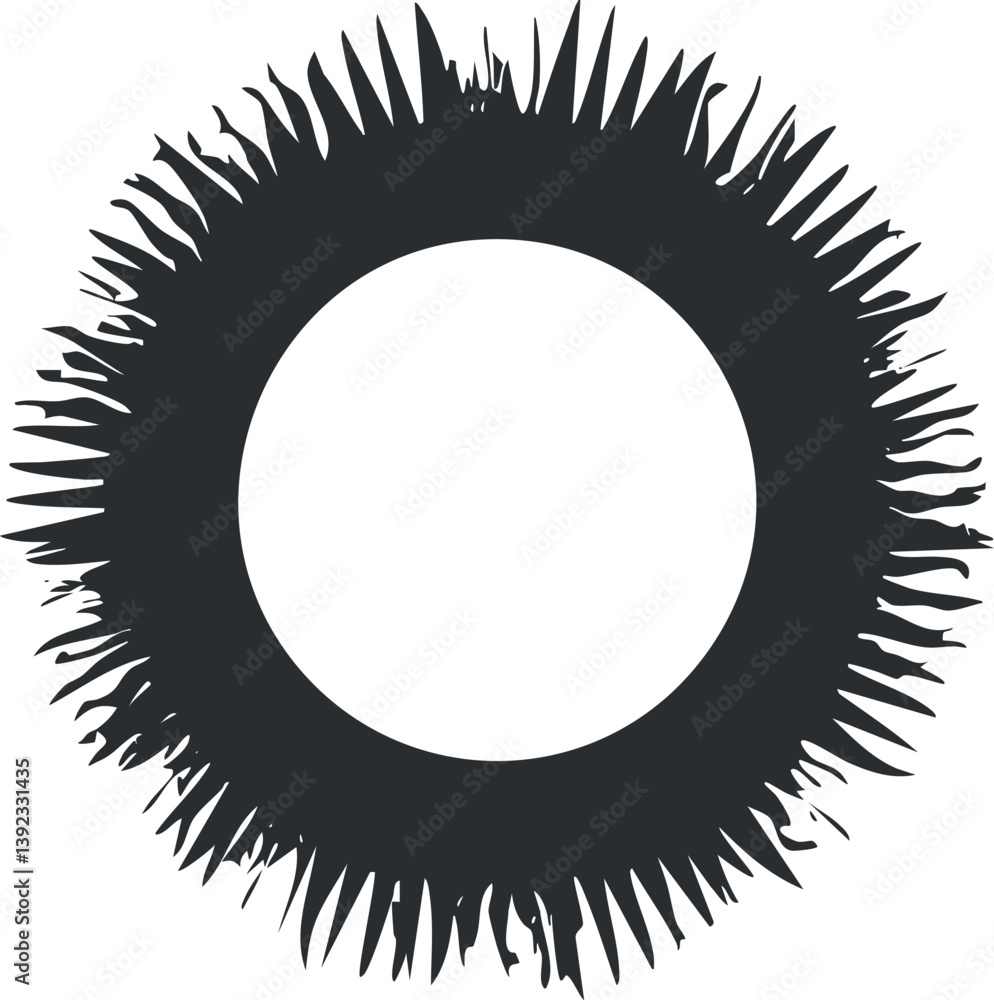Poster abstract sunburst silhouette with sharp edges forming a circular pattern in black and white.