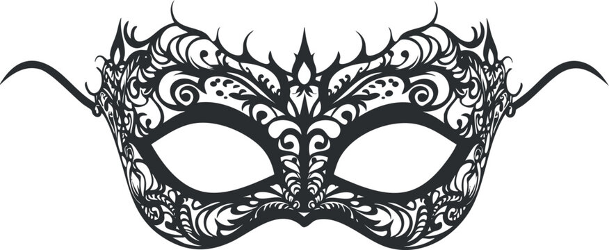 Ornate black and white masquerade mask with intricate filigree design for elegant events.