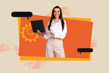 Creative sketch image art collage of happy girl hold laptop type message correspondence gearwheel...