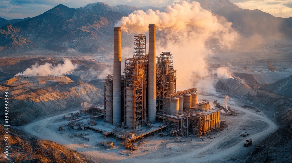 Poster cement production is in full swing at a large facility nestled in the mountains, with towering smoke