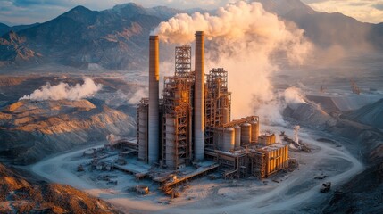 Cement production is in full swing at a large facility nestled in the mountains, with towering smokestacks releasing steam into the sky, while heavy machinery operates in the foreground.