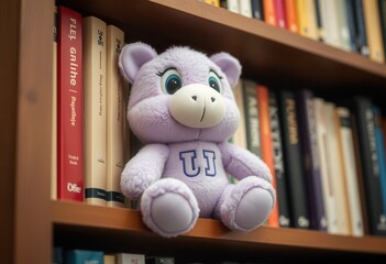 Adorable Lavender Plush Bear Sitting on Bookshelf among Educational Books