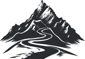 Black and white illustration of a mountain with a winding path, conveying adventure and exploration.