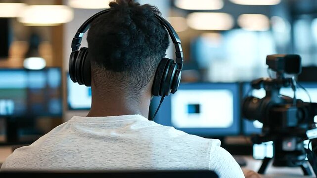 Student Filming Lesson in a Busy Media Lab for Teaching Degrees