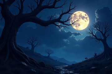 Fototapeta premium Eerie moonlight filtering through twisted branches in gothic dark fantasy scenery, eerie, dark fantasy
