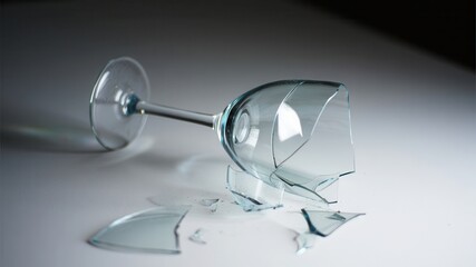 Broken wine glass on white surface, fragility and imperfection, shattered elegance, accident aftermath, delicate destruction, symbolism of loss, emotional vulnerability, fallen glass