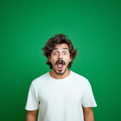 young indian man with surprised expression standing on green background