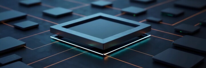 Photo frame centered in glowing circuit grid with futuristic ambiance