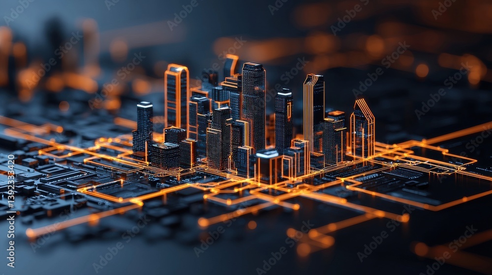 Poster an intricate illuminated cityscape with a captivating blend of modern visionary architecture and a v