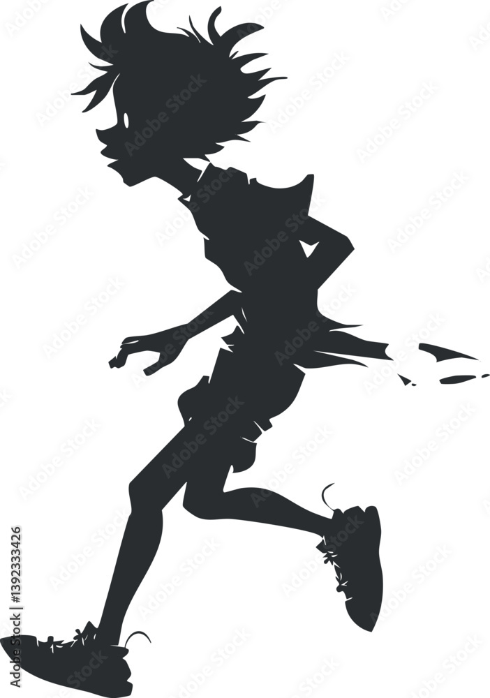 Poster silhouette of a running child with dynamic, playful movement captured in black and white.
