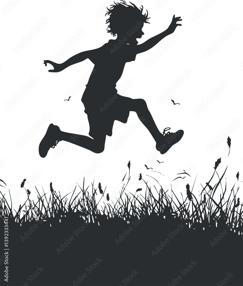 Poster silhouette of a child joyfully running and jumping in a grassy field, symbolizing freedom and play.