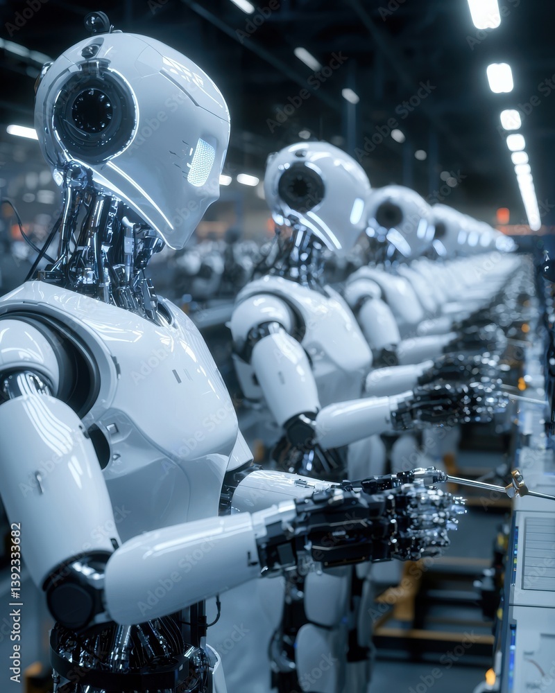 Poster a row of identical white industrial robots meticulously carrying out tasks on an automated productio
