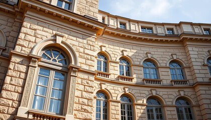 Fototapeta premium Elegant arched windows and stone facade of a classical building, building, empty