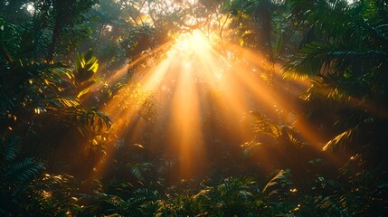 Fototapeta premium Sunlight streams through lush jungle canopy