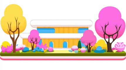 Pixel Art of Serene Asian House with Pink and Yellow Trees