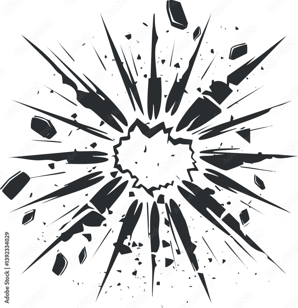 Poster abstract black and white explosive burst design with jagged debris and dynamic impact lines.