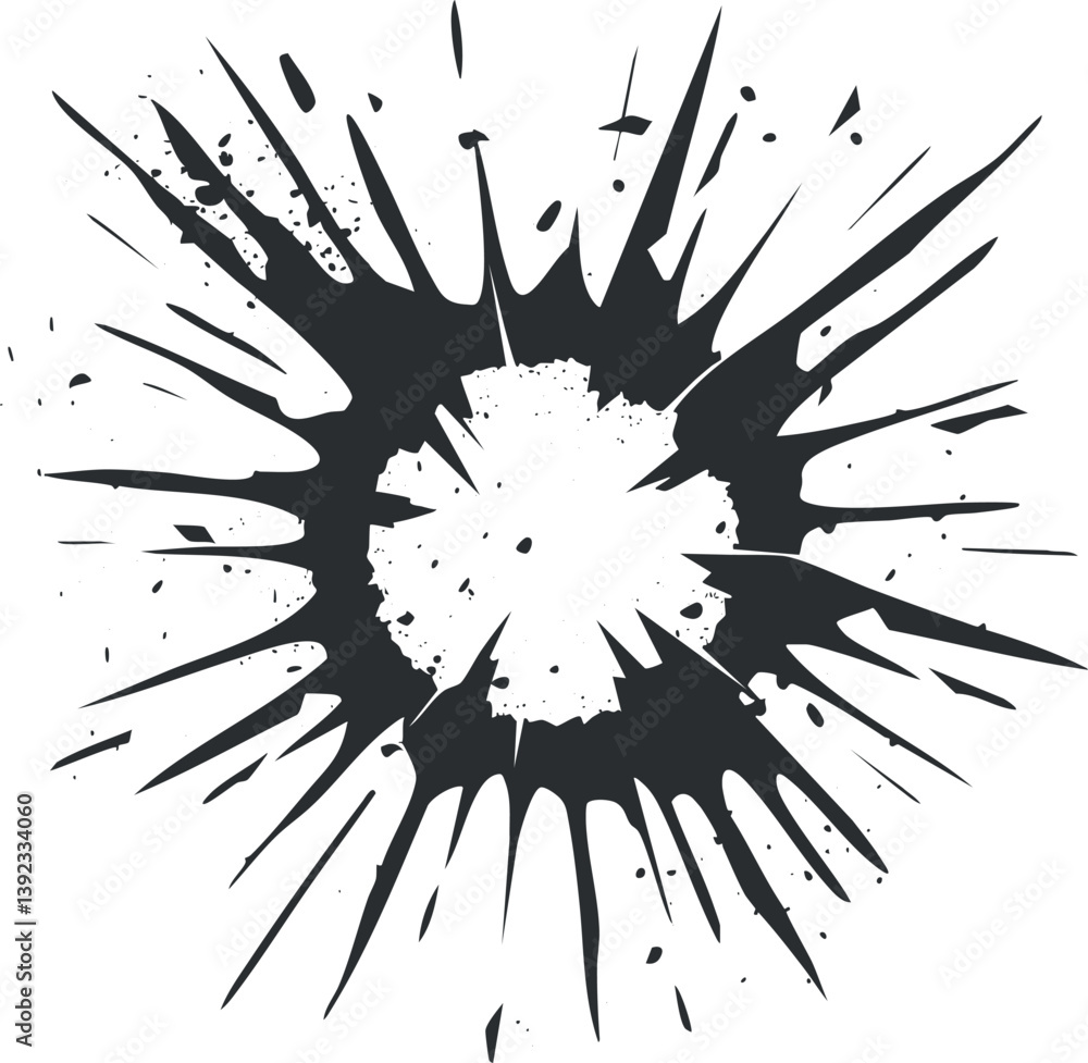 Poster abstract black ink splatter on white background, creating a dynamic and chaotic burst design.