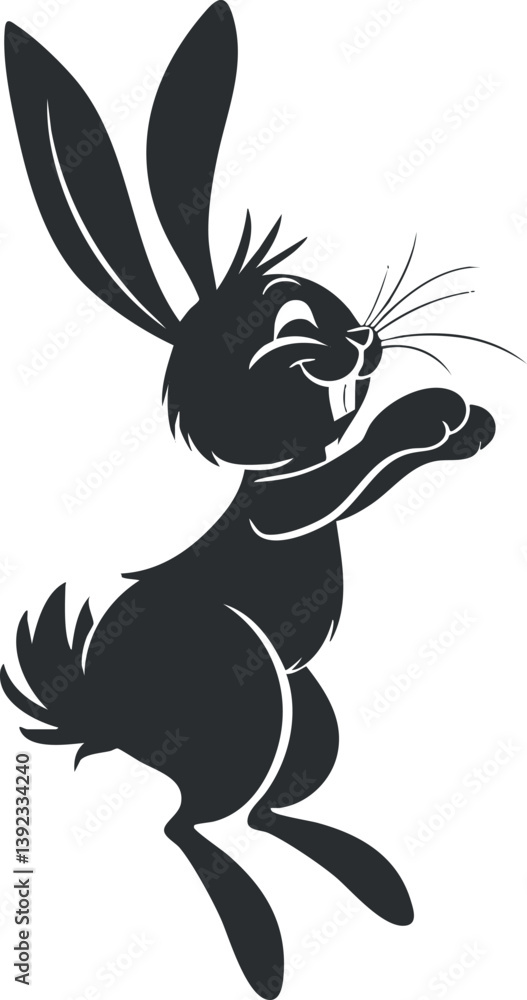 Poster silhouette of a jumping rabbit with long ears and whiskers in a playful pose.