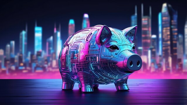 A glowing, digital-style piggy bank with binary code patterns on its surface