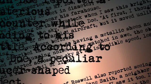 Animated typewritten text overlay on UFO witness document testimony
