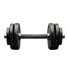 Heavy black and gold dumbbell with textured handle on a transparent background Concept of fitness, bodybuilding, and strength training