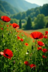 Obraz premium Vibrant red poppies amidst lush green Italian wildflowers , stem, spring, red