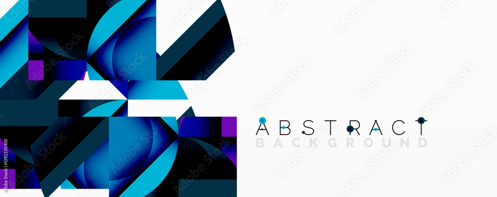 Poster Blue geometric shapes overlap creating dynamic composition. Gradient colors add depth, modern feel. White space balances design.