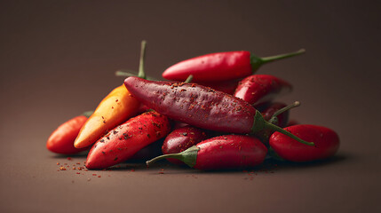 A close up of a pile of red and yellow chili peppers with green stems on a brown background