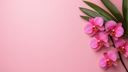 Naklejka premium Pink Orchids and Green Leaves on Soft Pink Background a Floral Still Life