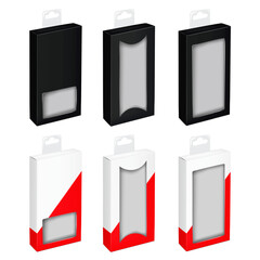 Narrow paperboard box with cut out window, tuck-in flap, euro hole clear plastic tab. 3d mock-up set. Black, white, red. Easy editable. Hanging carton container. Realistic vector mockup. Template