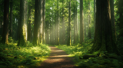 Obraz premium Sunlit Forest Path Through Lush Greenery. Peaceful Nature Landscape