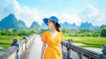young beautiful woman standing on stone bridge