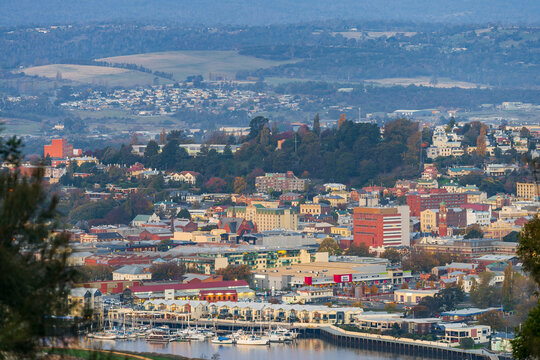 Distant view of the waterfront along the Tamar River in Launceston