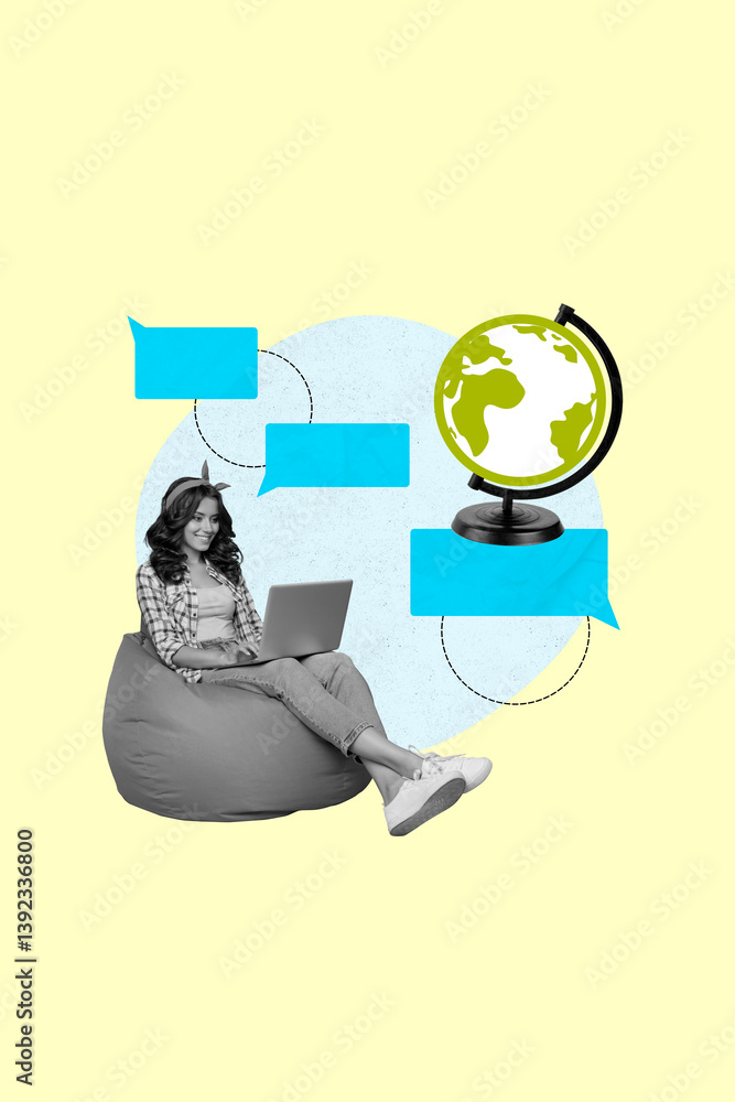 Poster pop image collage of young woman sit bag use netbook on yellow color background with speech bubble e