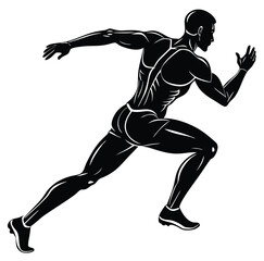 Black vector silhouettes of a running man illustrate sport, fitness, and action. A side view of a man sprinting at full speed, legs extended mid-stride, arms pumping powerfully.