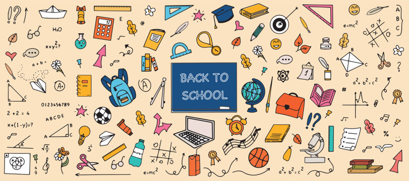 Hand drawn school supplies. Back to school doodle large set of elements. School object collection. vector illustration