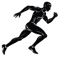 Black vector silhouettes of a running man illustrate sport, fitness, and action. A side view of a man sprinting at full speed, legs extended mid-stride, arms pumping powerfully.