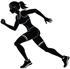 Black vector silhouettes of a running woman illustrate sport, fitness, and action. A side view of a woman sprinting at full speed, legs extended mid-stride, arms pumping powerfully.